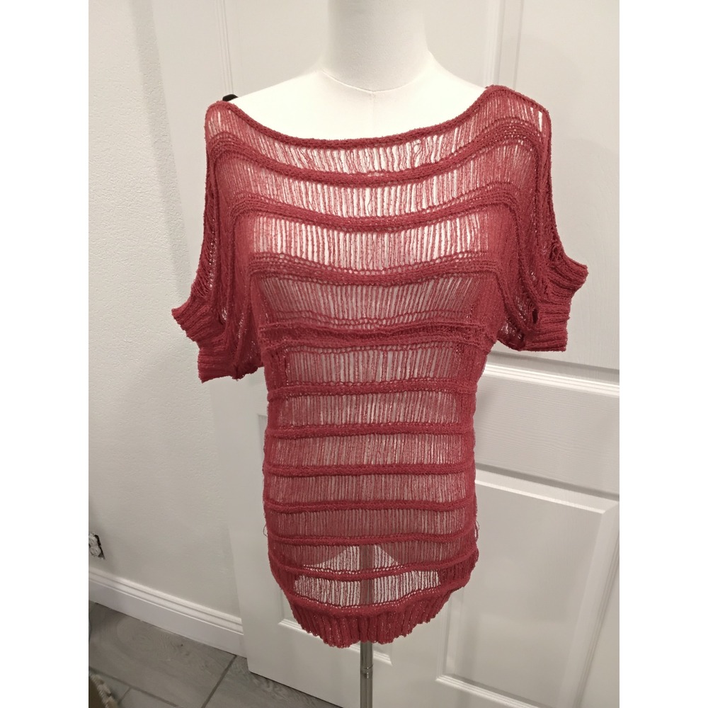 POL Open Knit Off Shoulder Top Red Sheer Style-M